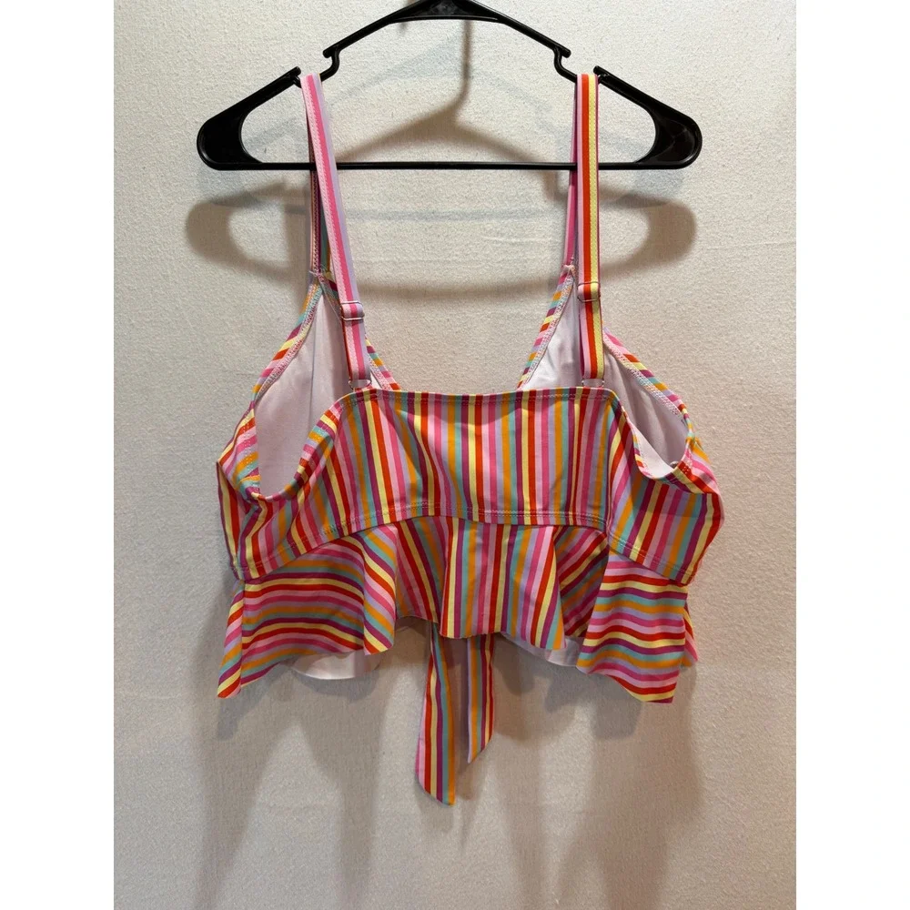 Multicolor Rainbow Striped Tie Front Peplum Bikini Top Plus Size 4XL